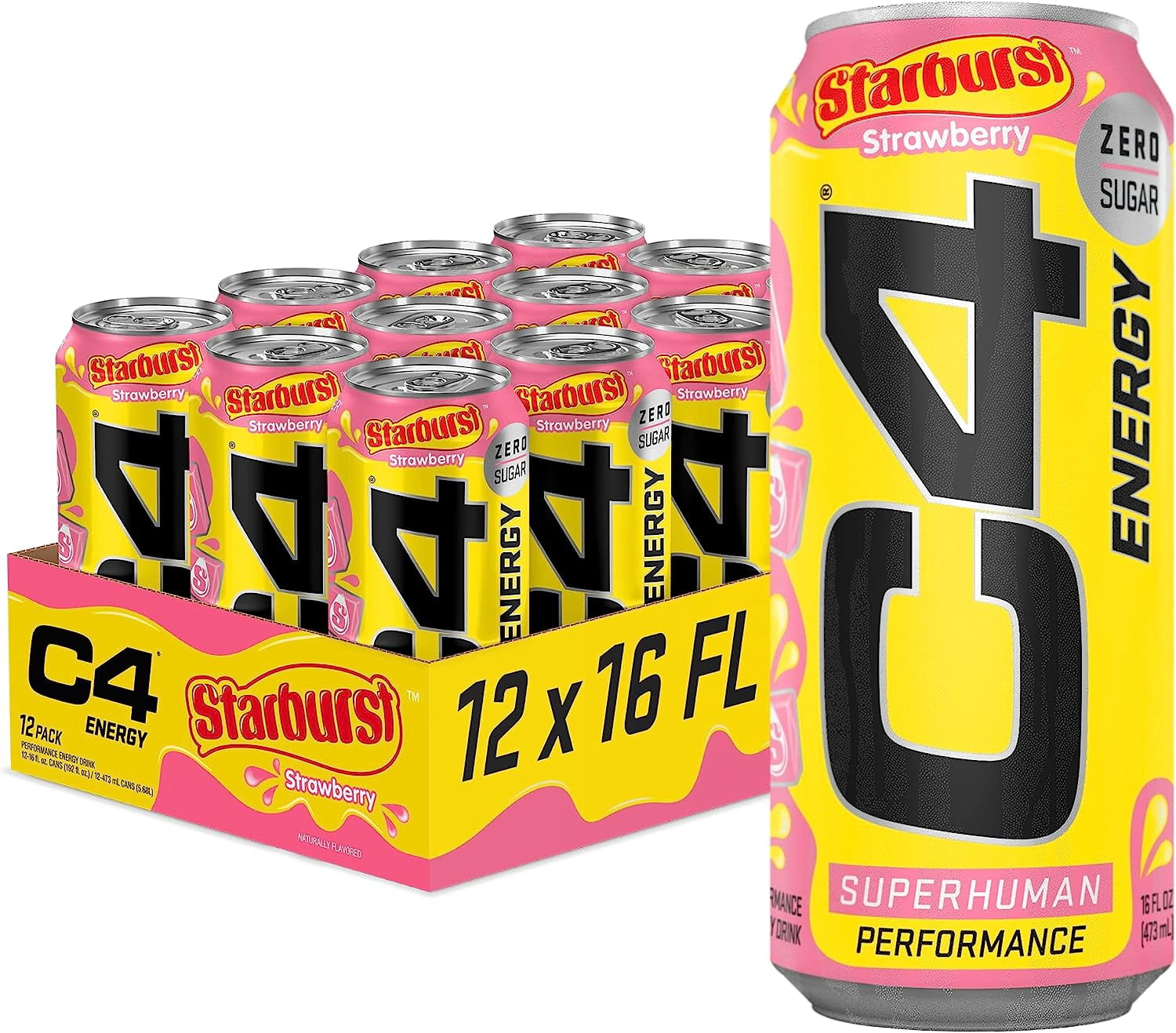 Cellucor C4 Energy Drink, STARBURST Strawberry, Carbonated Sugar Free Pre Workout Performance Drink with no Artificial Colors or Dyes, Pack of 12