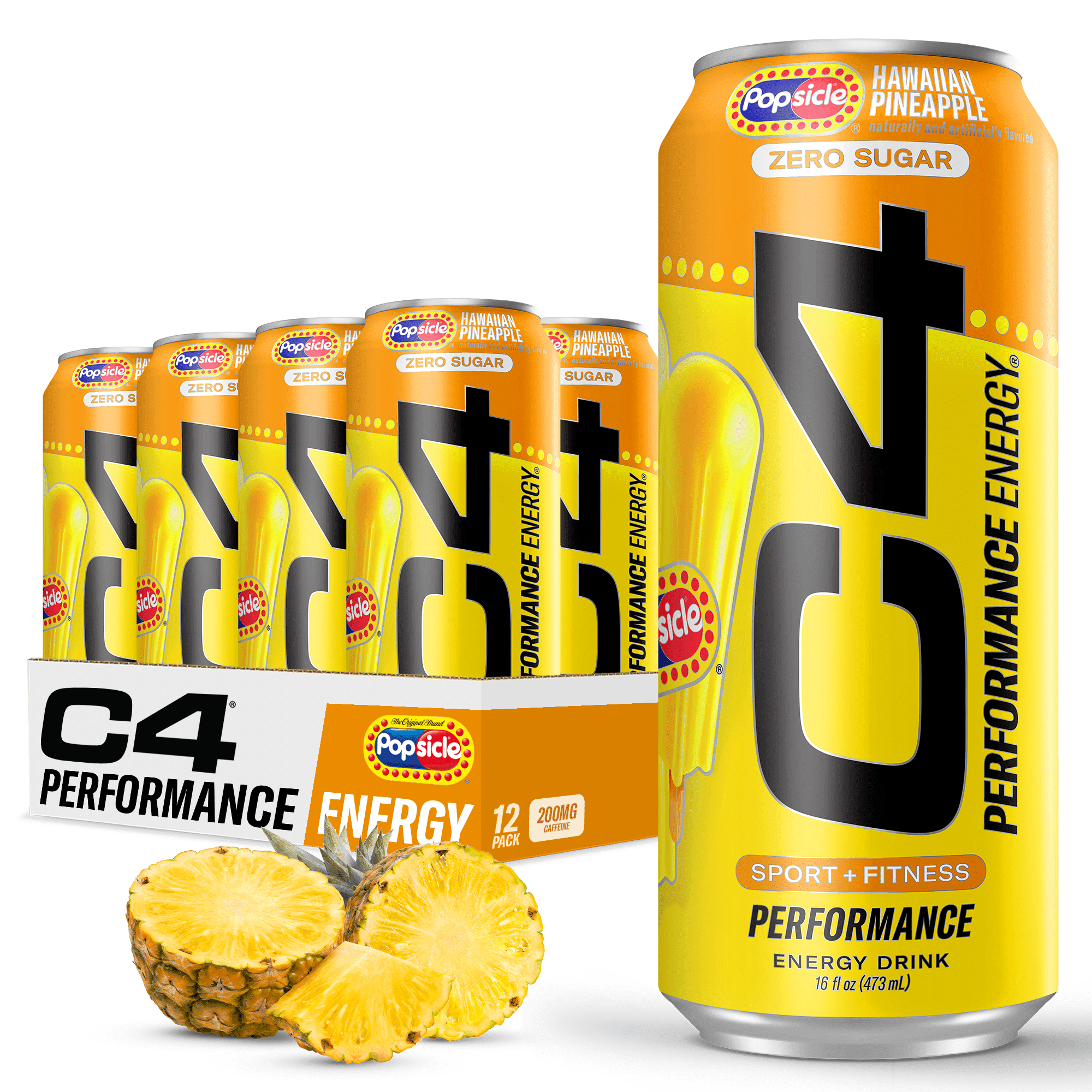 C4 Performance Energy Drink, Hawaiian Pineapple Popsicle Flavor, Zero Sugar, Carbonated, 16 oz can (12 Pack)