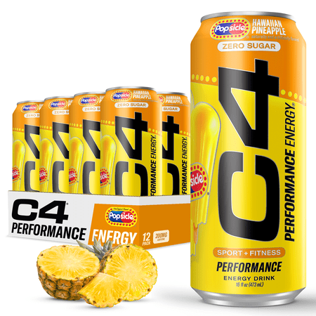 C4 Performance Energy Drink, Hawaiian Pineapple Popsicle Flavor, Zero Sugar, Carbonated, 16 oz can (12 Pack)