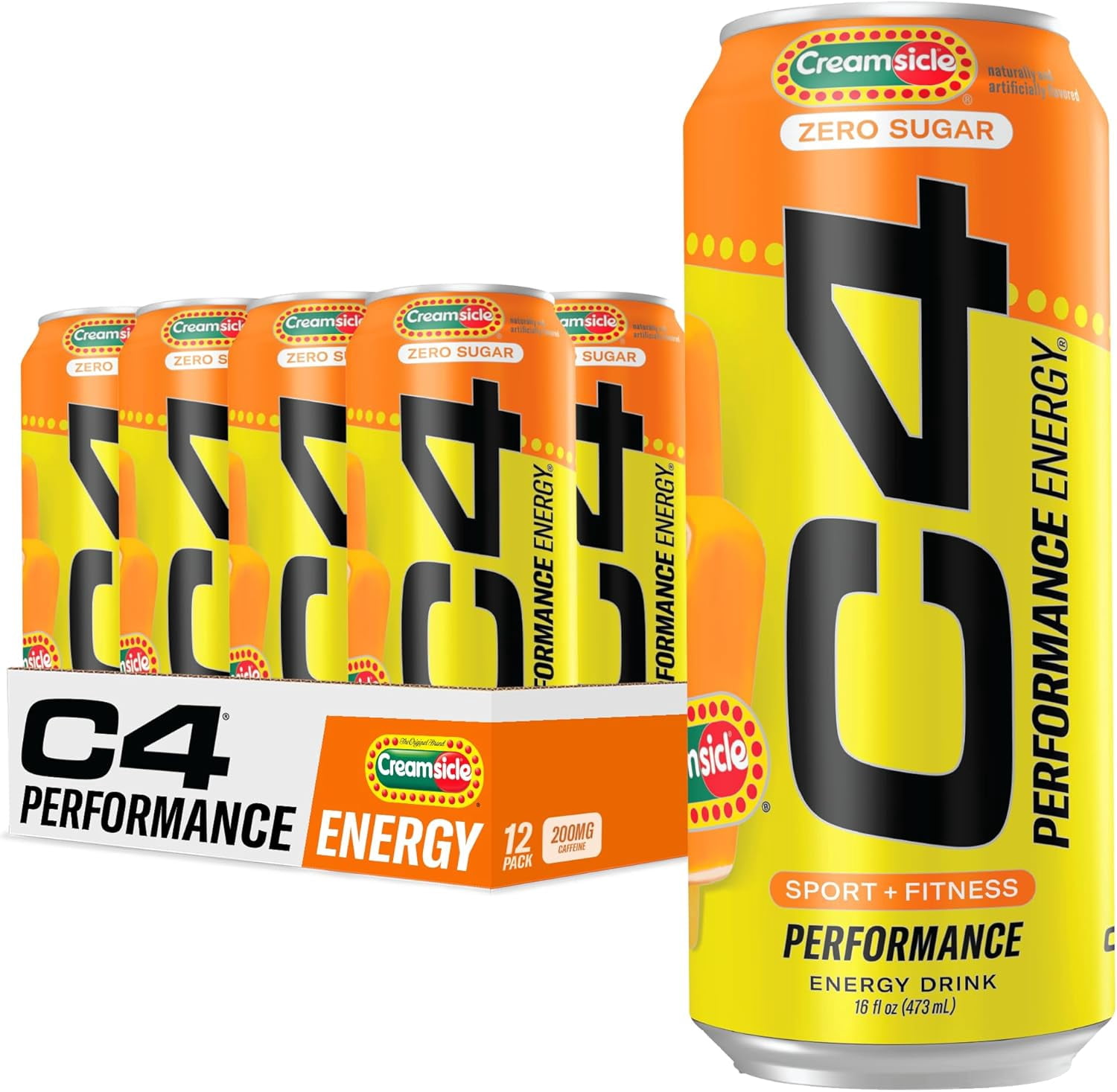 C4 Performance Energy Drink, Orange Creamsicle Flavor, Zero Sugar, Carbonated, 16 oz can (12 Pack)