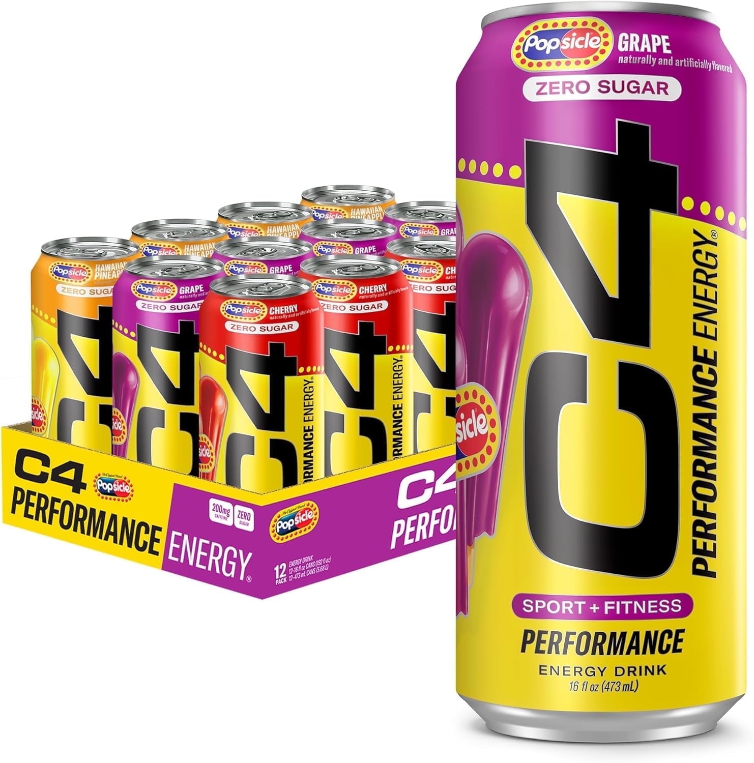 C4 Performance Energy Drink, Popsicle Variety Pack Flavor, Zero Sugar, Carbonated, 16 fl oz Can, 12 Pack