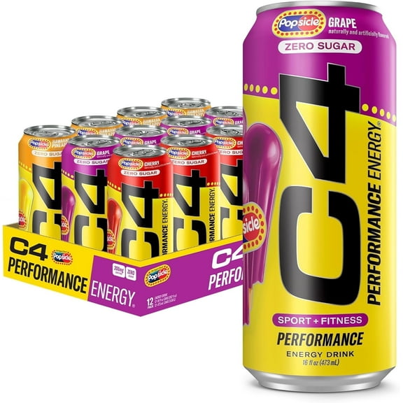 C4 Performance Energy Drink, Popsicle Variety Pack Flavor, Zero Sugar, Carbonated, 16 oz can (12 Pack)