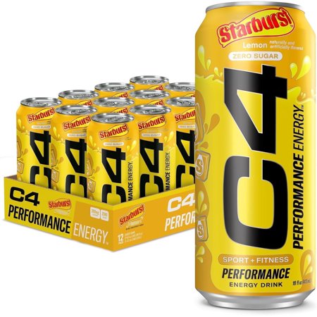 C4 Performance Energy Drink, Starburst Lemon Flavor, Zero Sugar, Carbonated, 16 oz can (12 Pack)