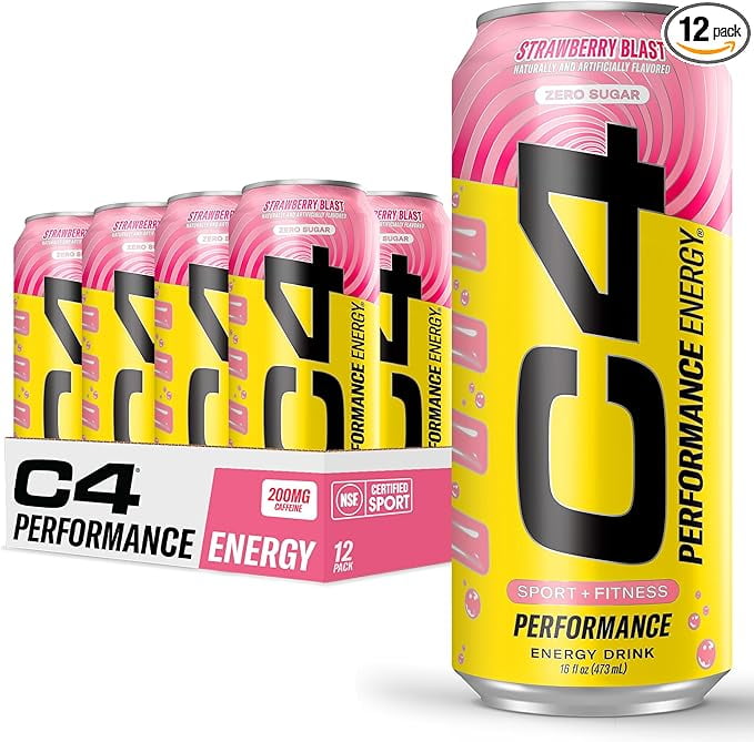 Cellucor C4 Performance Energy Drink Strawberry Blast Zero Sugar Carbonated Preworkout Energy 200mg Caffeine with Beta Alanine 16 Fl Oz 12 Pack