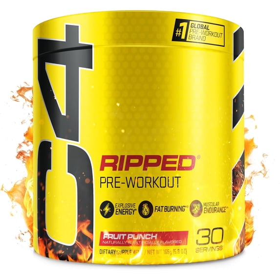 C4 Ripped Pre Workout Powder with Beta Alanine, 150mg Caffeine Energy Formula, Zero Sugar Creatine-Free Preworkout for Men & Women – Fruit Punch, 30 Servings