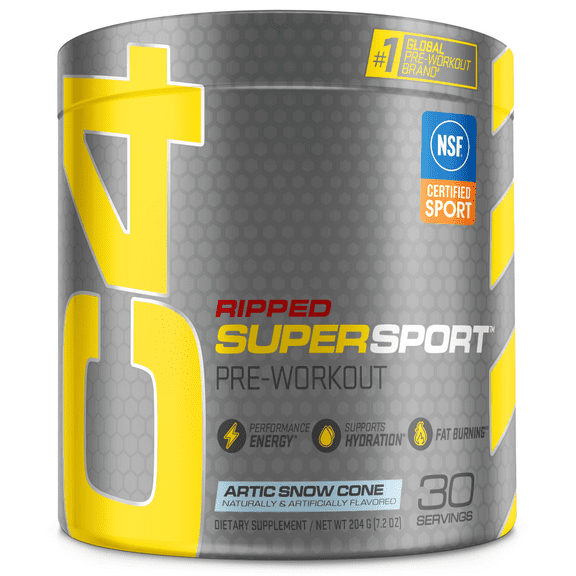 C4 Ripped Super Sport Pre-Workout, Arctic Snow Cone, Energy, Hydration, Fat Burning, 30 Serving