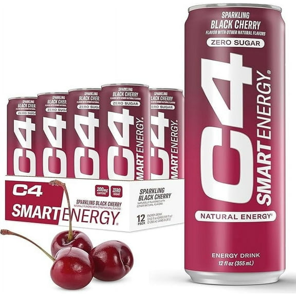 C4 Smart Energy Drink, Black Cherry Flavor, Zero Sugar, Carbonated, 12 oz can (12 pack)