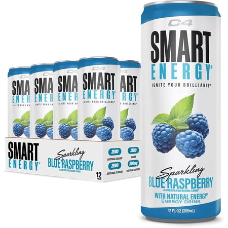 C4 Smart Energy Drink, Blue Raspberry Flavor, Zero Sugar, Carbonated, 12 oz can (12 pack)