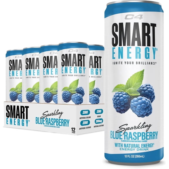 C4 Smart Energy Drink, Blue Raspberry Flavor, Zero Sugar, Carbonated, 12 oz can (12 pack)