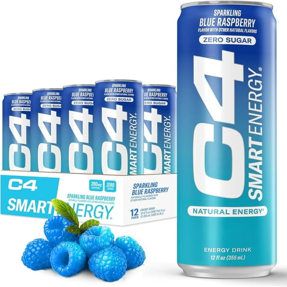 C4 Smart Energy Drink, Blue Raspberry Flavor, Zero Sugar, Carbonated, 12 oz can (12 pack)