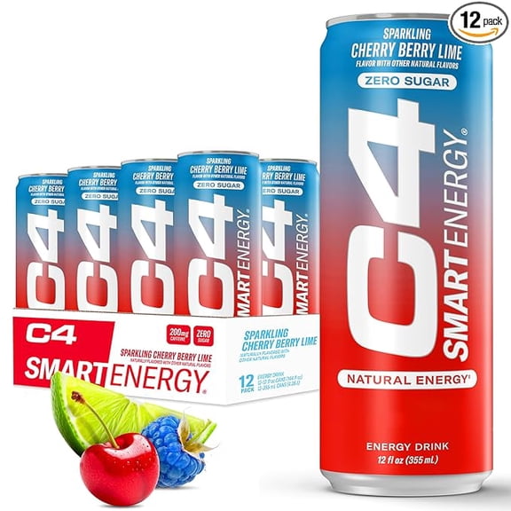 Cellucor C4 Smart Energy Drink  Boost Focus and Energy with Zero Sugar, Natural Energy, and Nootropics - 200mg Caffeine - Cherry Berry Lime (12oz Pack of 12)