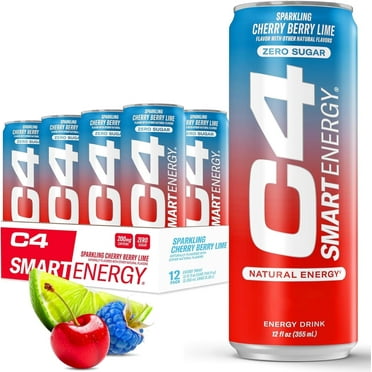 C4 Smart Energy Drink, Cherry Berry Lime, Zero Sugar, Carbonated, 12 oz, 12 pack