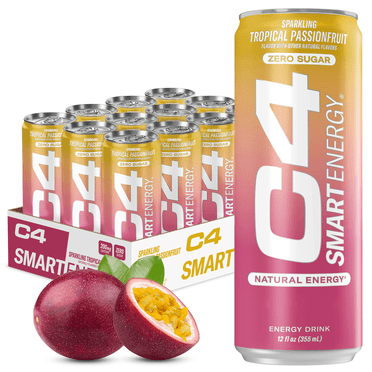 C4 Smart Energy Drink, Tropical Passionfruit Flavor, Zero Sugar, Carbonated, 12 oz can (12 Pack)