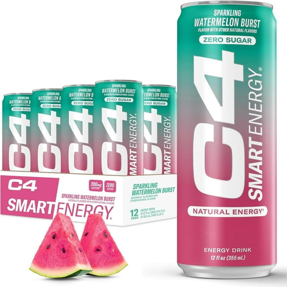 C4 Smart Energy Drink, Watermelon Burst Flavor, Zero Sugar, Carbonated, 16 oz can (12 Pack)