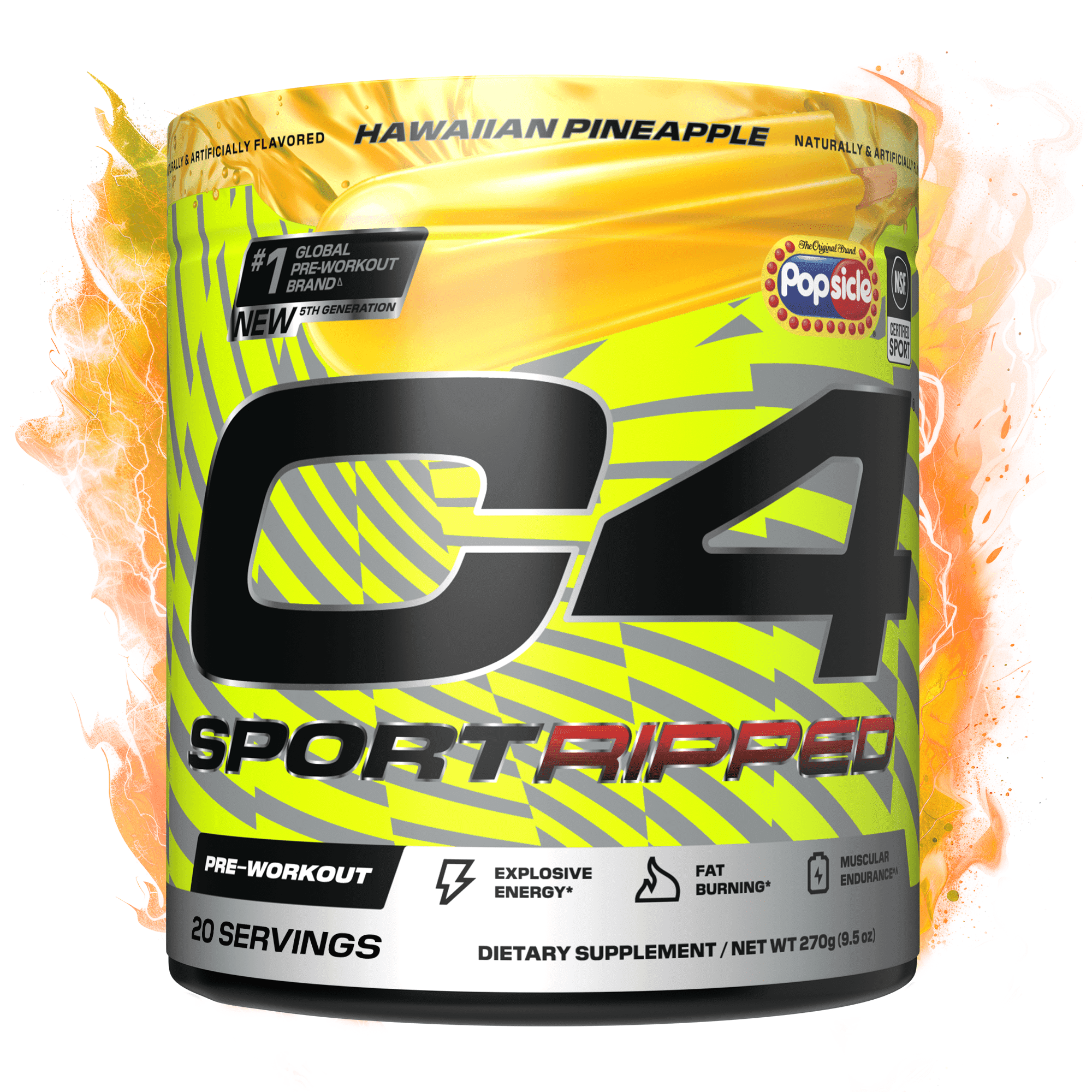 C4 Sport Ripped Pre-Workout Powder, Popsicle Hawaiian Pineapple, 20 Servings