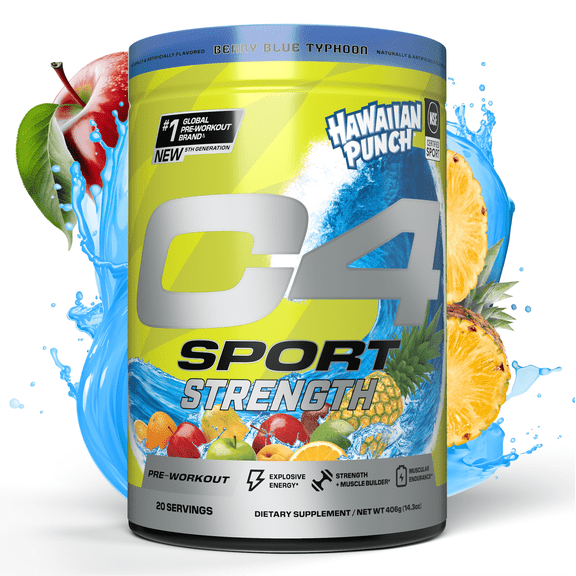 C4 Sport Strength Pre-Workout Powder, Hawaiian Punch Berry Blue Typhoon, 30 Servings