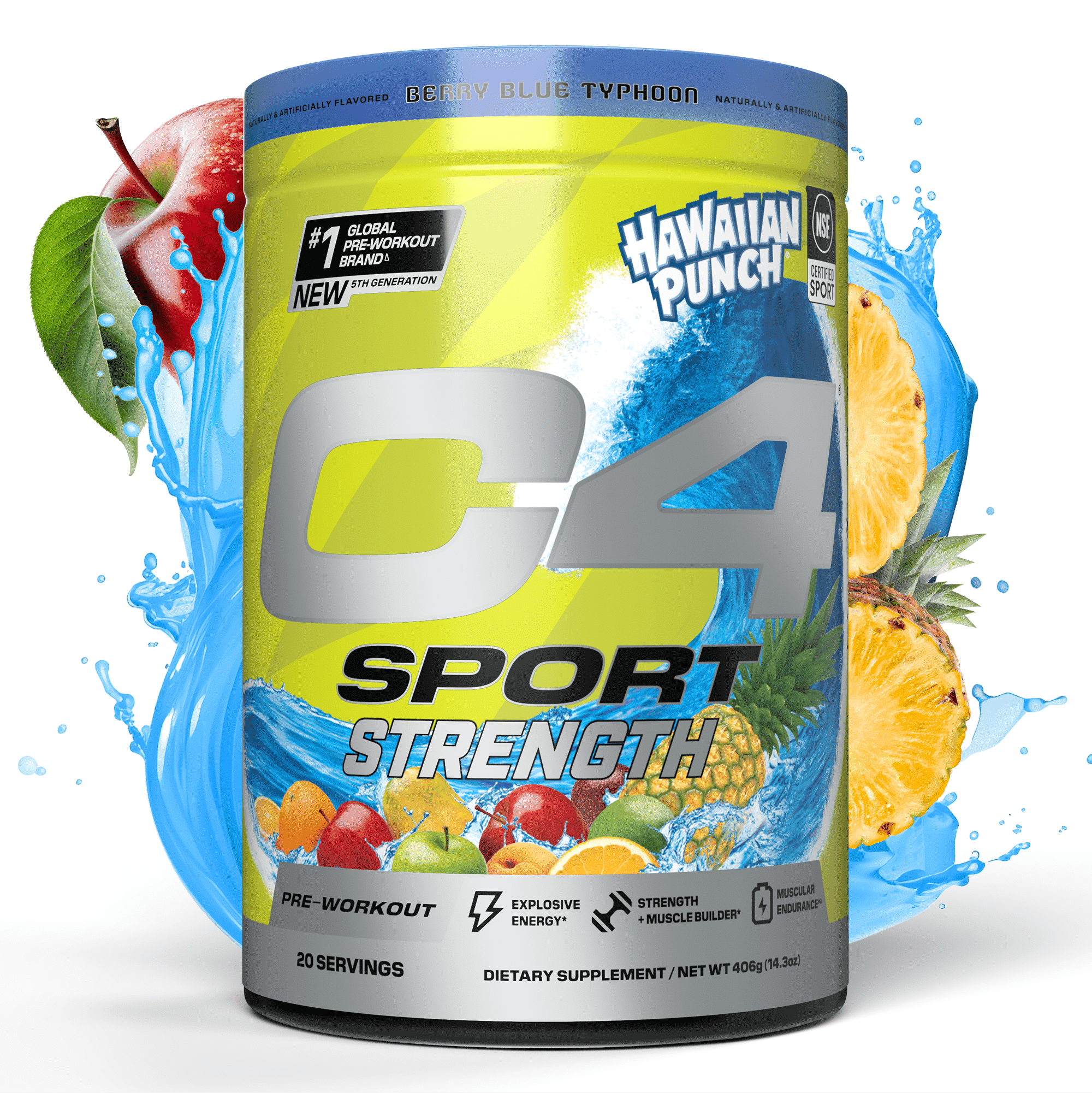 C4 Sport Strength Pre-Workout Powder, Hawaiian Punch Berry Blue Typhoon, 60 Servings