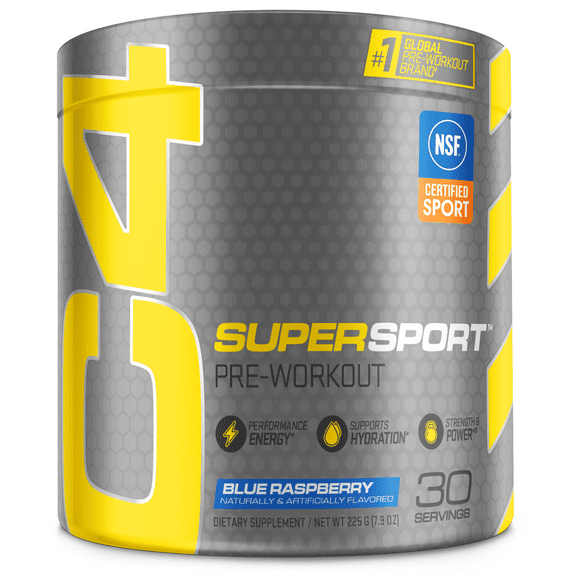 C4 Super Sport Pre-Workout Powder, Blue Raspberry, Energy, Strength & Power, 30 Servings