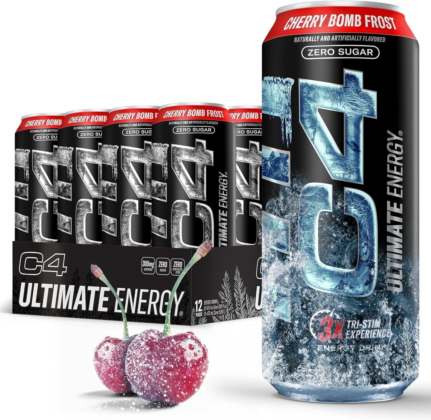 C4 Ultimate Energy Drink, Cherry Bomb Frost Flavor, Zero Sugar, Carbonated, 16oz can (12 Pack)