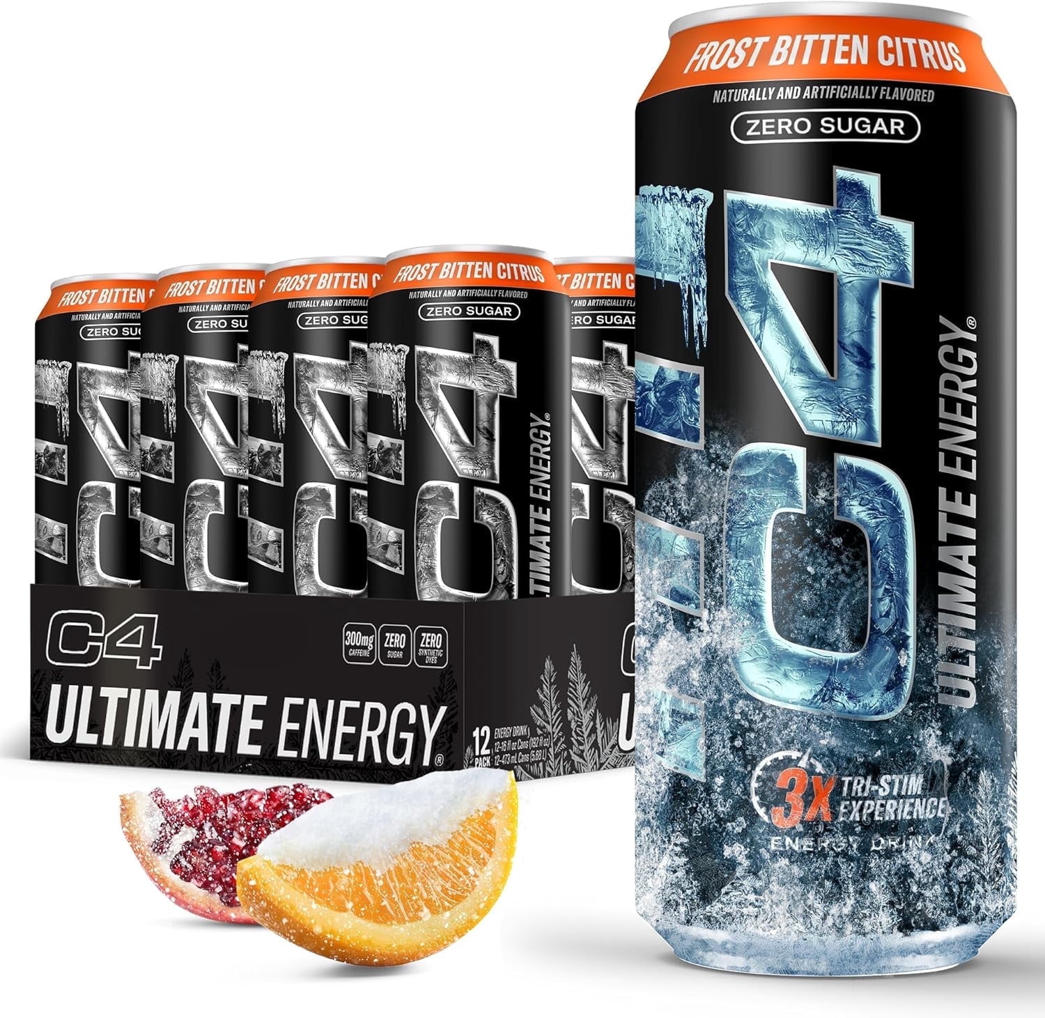 C4 Ultimate Energy Drink, Frost Bitten Citrus Flavor, Zero Sugar, Carbonated, 16 oz can (12 Pack)