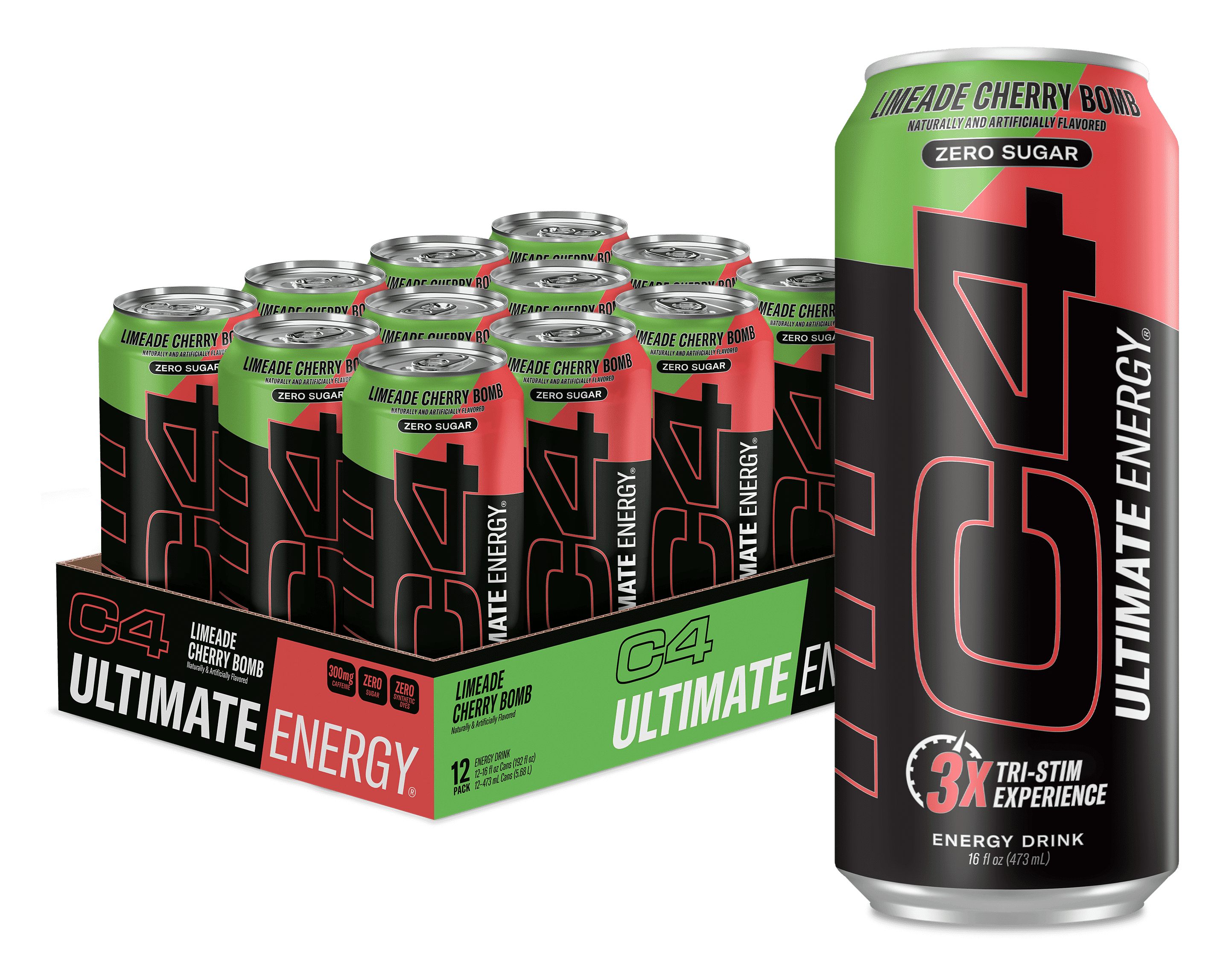 C4 Ultimate Energy Drink, Limeade Cherry Bomb, Zero Sugar, Carbonated, 16 oz can (12 Pack)