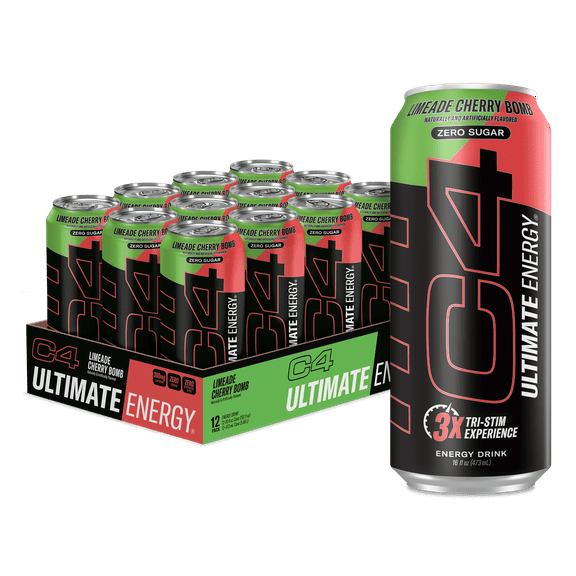 C4 Ultimate Energy Drink, Limeade Cherry Bomb, Zero Sugar, Carbonated, 16 oz can (12 Pack)