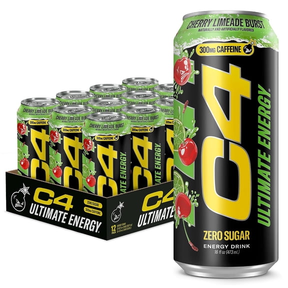 C4 Ultimate Energy Drink, Limeade Cherry Bomb, Zero Sugar, Carbonated, 16 oz can (12 Pack)