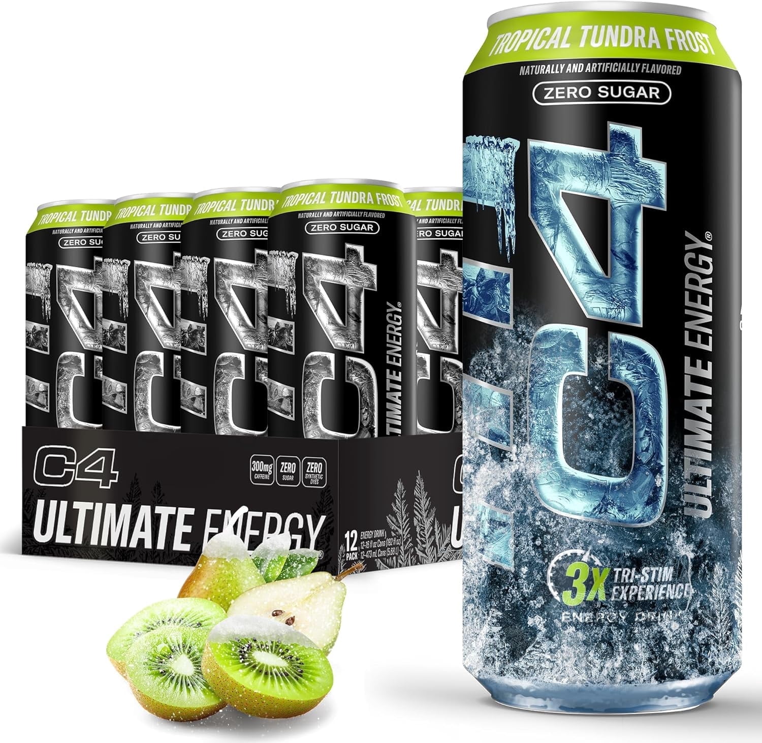 C4 Ultimate Energy Drink, Tropical Tundra Frost Flavor, Zero Sugar, Carbonated, 16 fl oz Can, 12 Pack