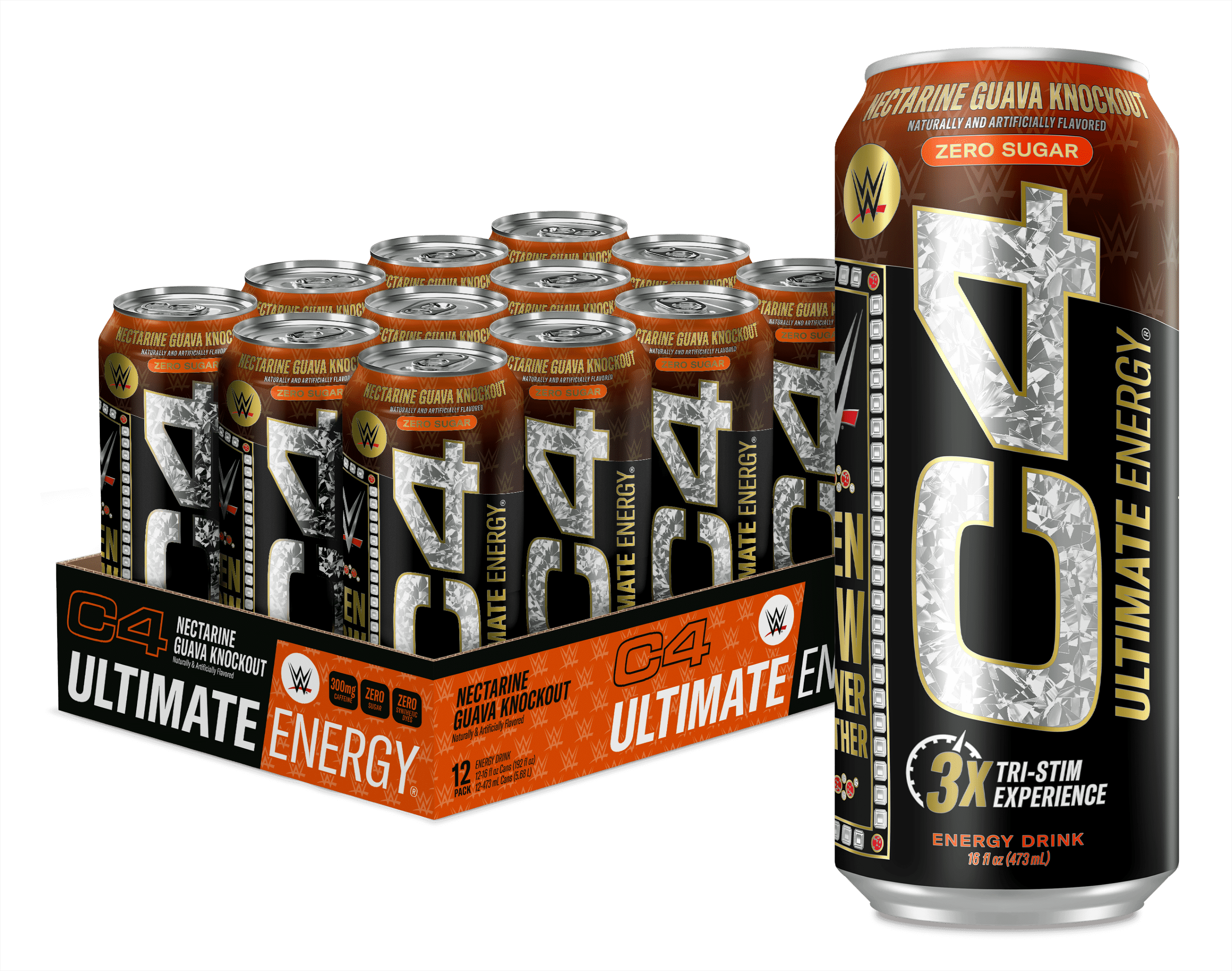 C4 Ultimate Energy Drink, WWE Nectarine Guava Knockout Flavor, Zero Sugar, Carbonated, 16 oz can (12 Pack)