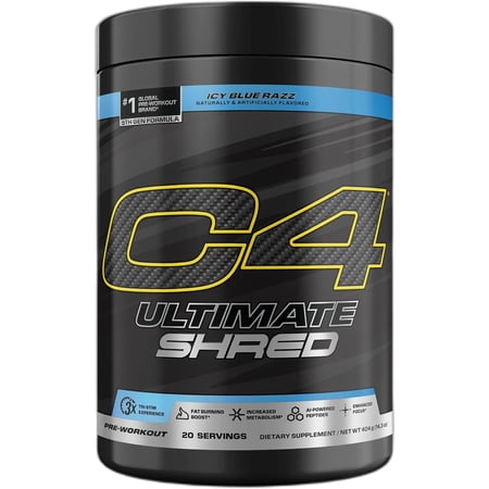 C4 Ultimate Shred Pre Workout Powder with 300mg Caffeine, Thermogenic Fat Burning Formula with Capsimax Cayenne, TeaCrine & Dynamine Energy Blend – Icy Blue Razz, 20 Servings