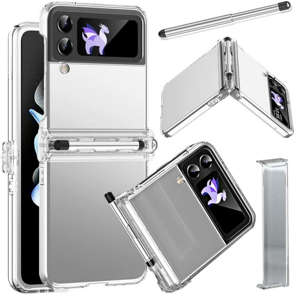Cellular Phone Case for Samsung Flip 4 & 3, Transparent Case with S Pen, Hinge Protection, Wireless Charging, Clear