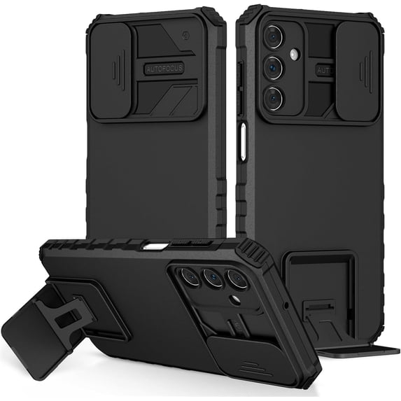 Cellular Phone Case for Samsung Galaxy A25 5G, Dual Layer Rugged Shockproof Protection, Slide Camera Lens Cover, Stereo Bracket with Kickstand, Black