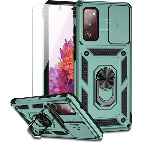Cellular Phone Case for Samsung Galaxy S20 FE 5G, -Grade Drop Tested, HD Screen Protector, Ring Holder Kickstand, Dark Green