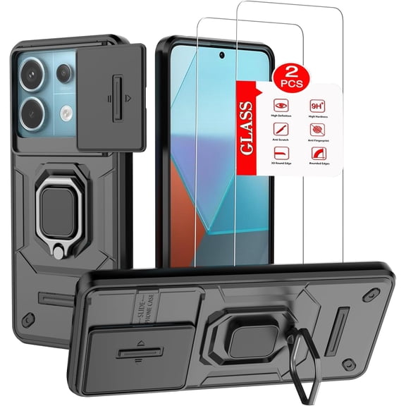 Cellular Phone Case for XiaoMi RedMi Note 13 Pro 5G - Military-Grade Protective , 2 Pack Tempered Glass Screen Protector, Magnetic Kickstand (Black)