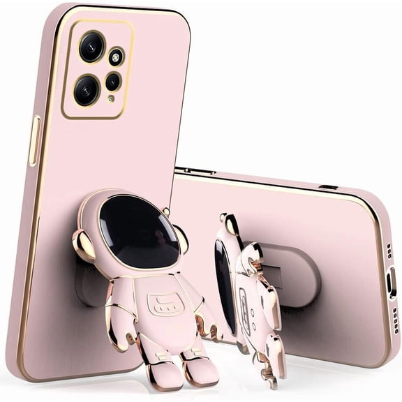 Cellular Phone Case for Xiaomi Redmi Note 12 4G, Silicone Shockproof Stand Protective Slim Cover with 3D Astronaut Cartoon Pattern (Pink)