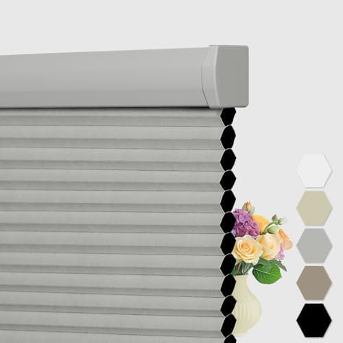 Cellular Shades Cordless, Blackout Cellular Window Blinds, Pull Down Blackout Blinds Honeycomb Indoor Windows Shades for Home Office Bedroom, Easy to Install, Grey,17" W x 64" H