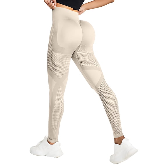 Cellulite 3D Leggings for Women No Curling Lift Pants No Front Seam Leggings 3D Gym Leggings for Women Anti Cellulite Leggings Smile Contour Activewear Tights Scrunch Butt Compression Legging Beige L