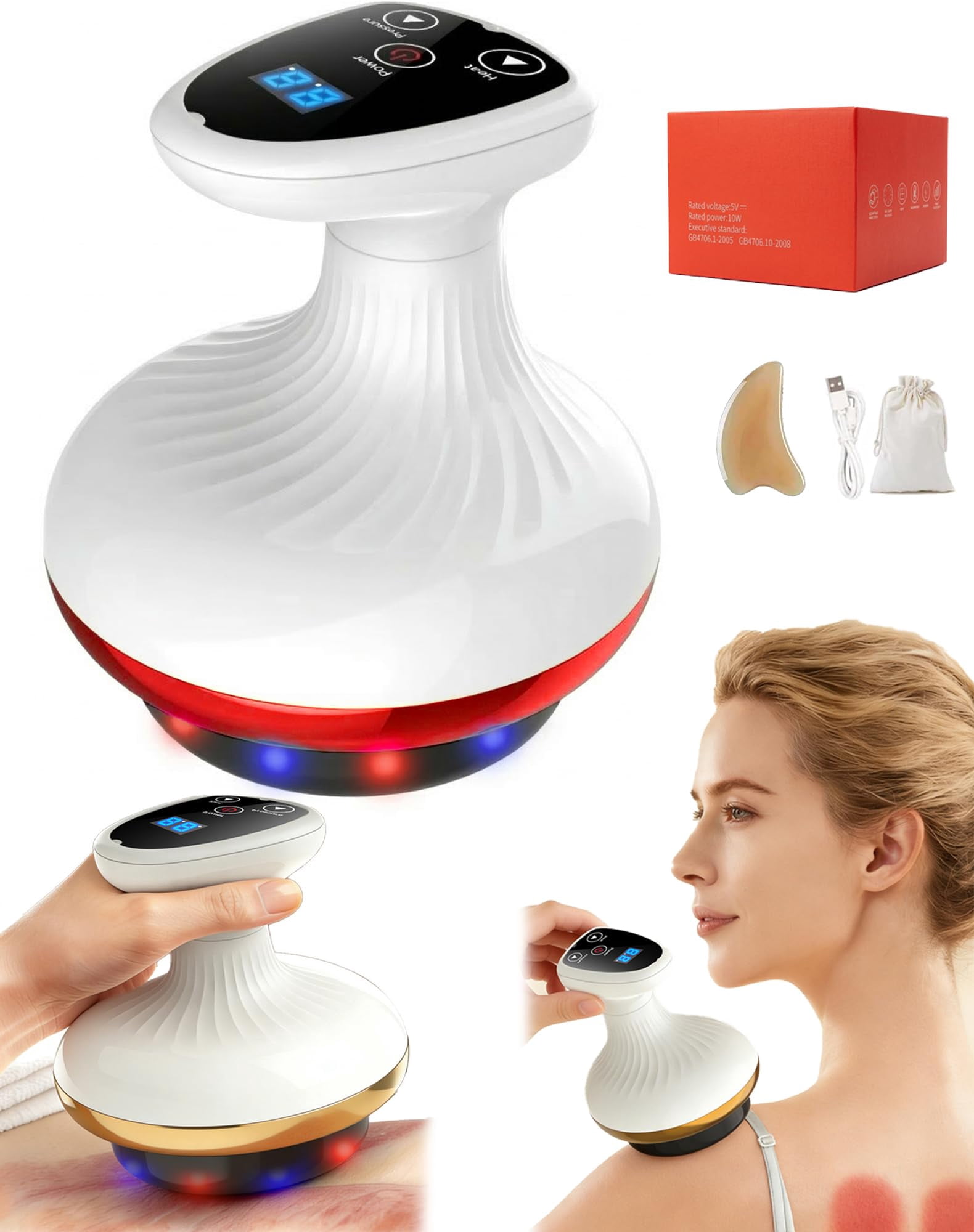 Cellulite Massager, 4-in-1 Suction Cupper with Red Light, Adjustable Vacuum for Legs, Abdomen, Back, Arms, Glutes