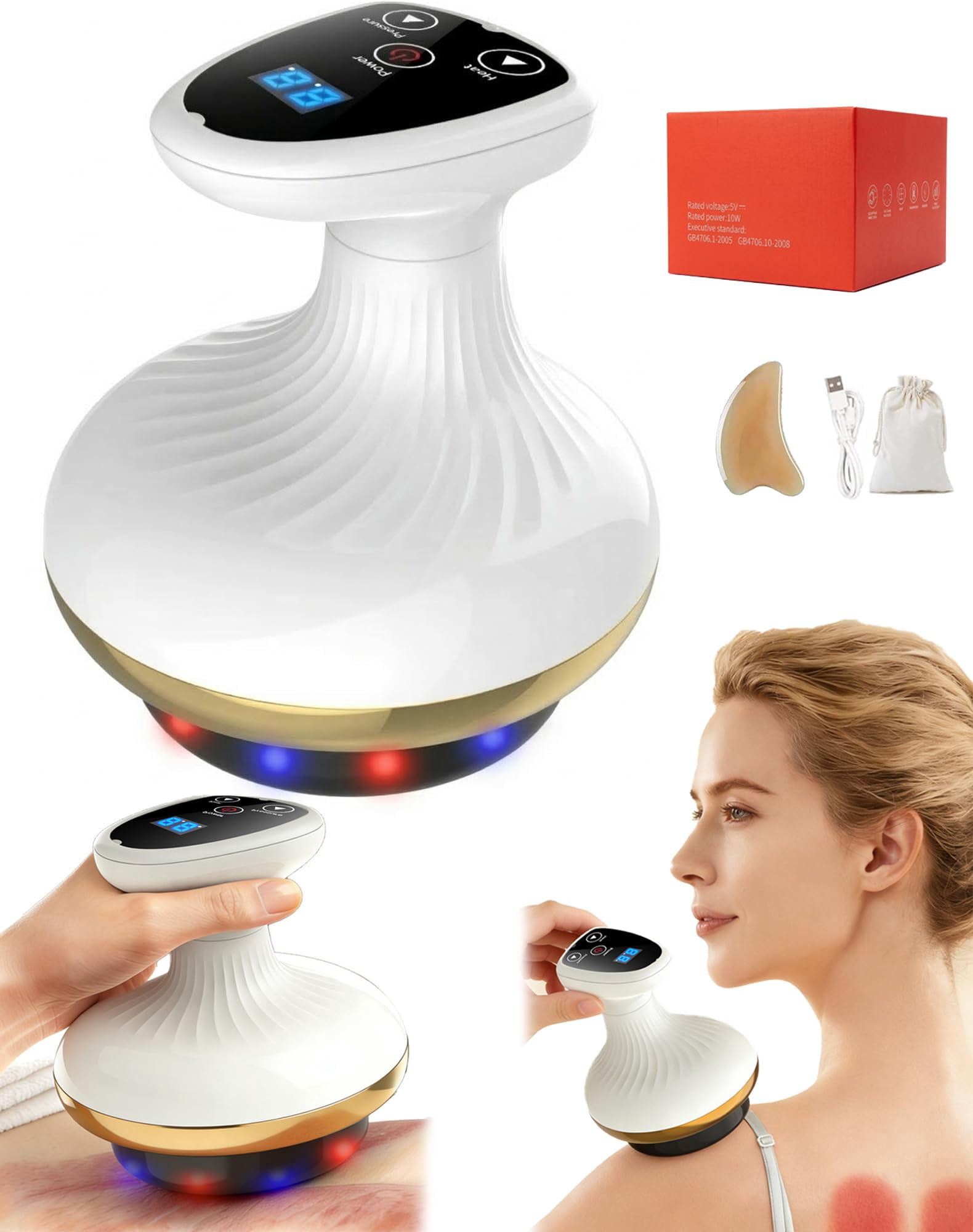 Cellulite Massager, 4-in-1 Suction Cupper with Red Light, Adjustable Vacuum for Legs, Abdomen, Back, Arms, Glutes