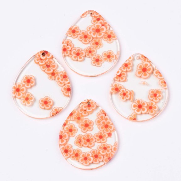 Cellulose Acetate 5 pc Transparent Clear Cellulose Acetate(Resin) Pendants Printed Teardrop with Flower Flower Pattern 34x28x2.5mm Hole: 1.4mm
