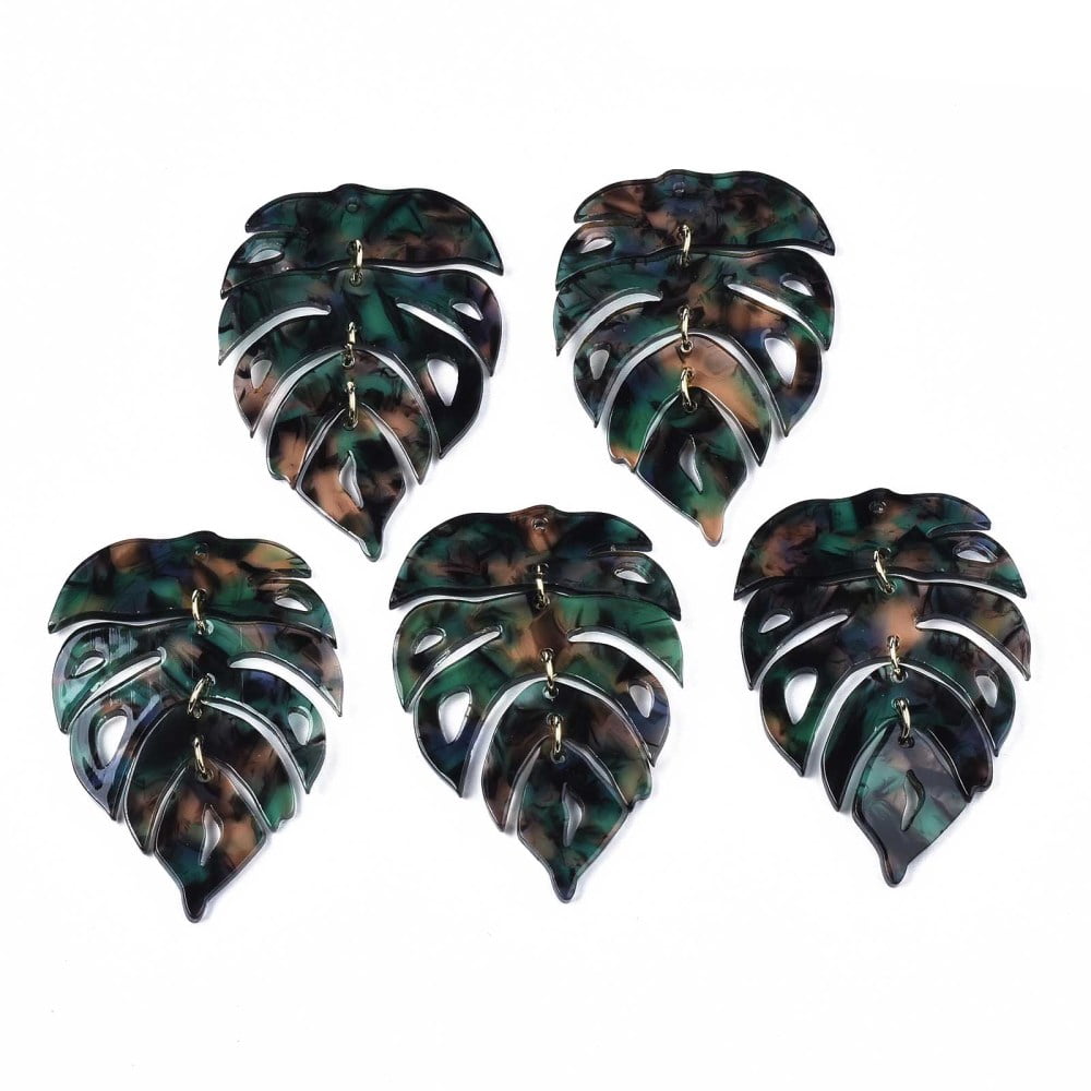 Cellulose Acetate(Resin) Big Pendants with Light Gold Plated Brass Loops Leaf Medium Sea Green 62x41x2.5mm Hole: 1.4mm Jump Ring: 6.5x1mm 5mm inner diameter