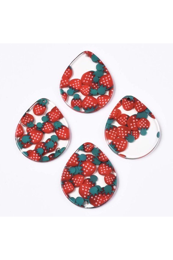Cellulose Acetate Transparent Clear Cellulose Acetate(Resin) Pendants Printed Teardrop with Strawberry Strawberry Pattern 34x28x2.5mm Hole: 1.4mm
