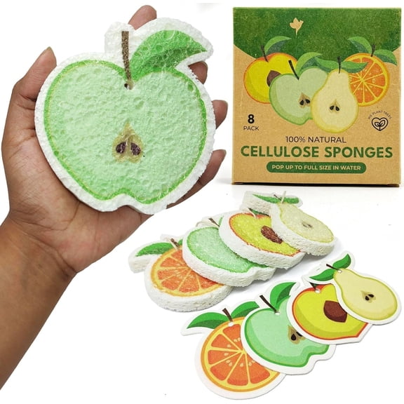 Cellulose Compressed Sponges Bulk - Fruit Shaped Kitchen Pack of 8 - , Odor Free, , Pop Up Compostable Scrubbers for Washing Dishes