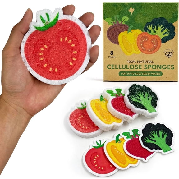 Cellulose Compressed Sponges Bulk - Vegetable Shaped Kitchen Pack of 8 - , Odor Free, , Pop Up Compostable Scrubbers for Washing Dishes
