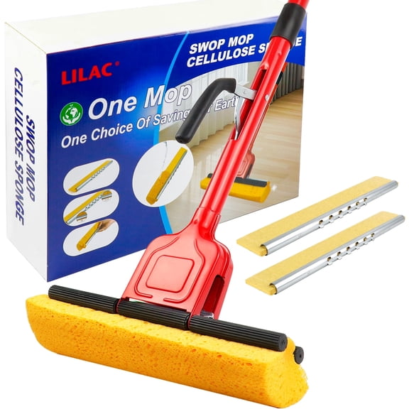 Cellulose Sponge Pop Up Sponge Mop with 2 Swop Roller Sponge mop Suitable for Wood, Ceramic Tiles and Other Flat Floors (1 Handle and 2 Heads)