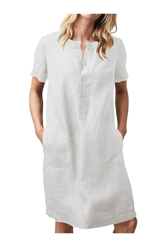 Women All-match Round Neck Short Sleeve With Pocket Dress