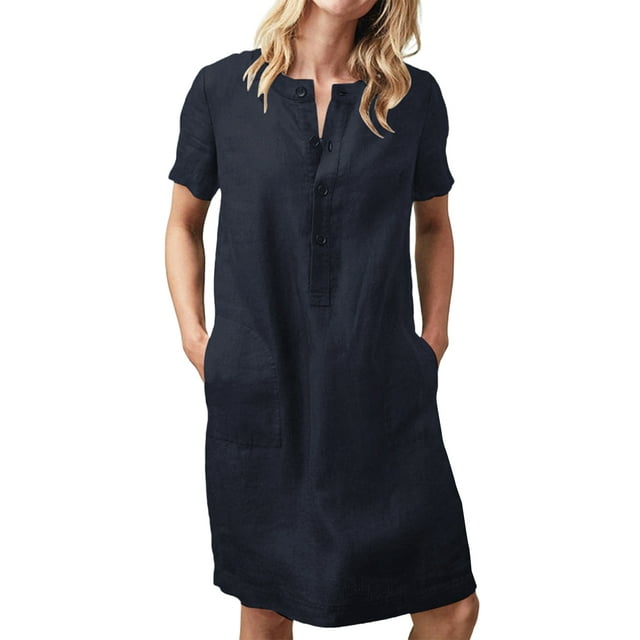 Celmia Women All-match Round Neck Short Sleeve With Pocket Dress ...