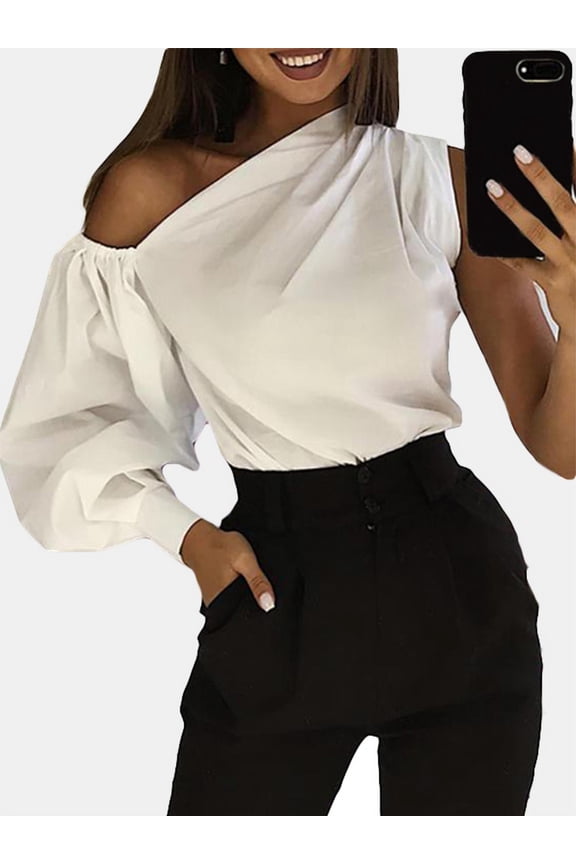 Women Casual Lantern Sleeve Asymmetrical Leaking Shoulder Top