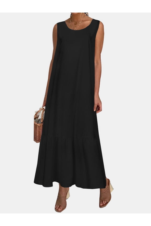 Women Casual Sleeveless Round Neck Ruffled Hem A Line Dress