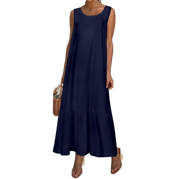 Celmia Women Casual Sleeveless Round Neck Ruffled Hem A Line Dress